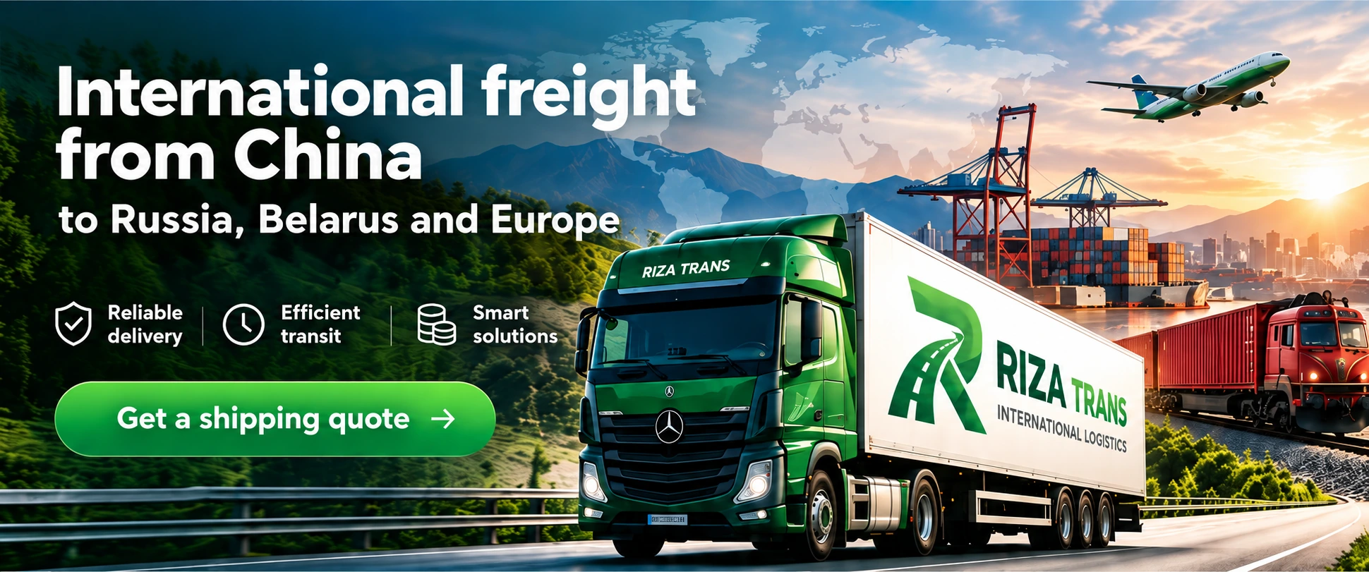 Green RIZA TRANS truck, freight train, seaport and aircraft. Reliable delivery, efficient transit and smart solutions.